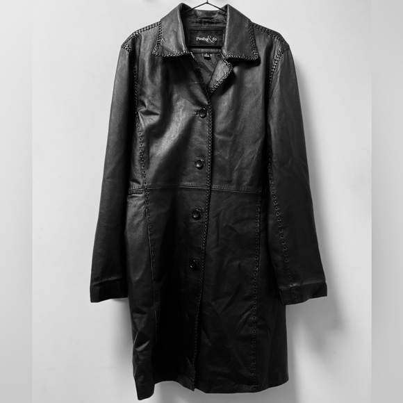 🔥Stylish Pasha & Jo Braid Accented Long Black Leather Button Down Jacket! - Picture 8 of 10